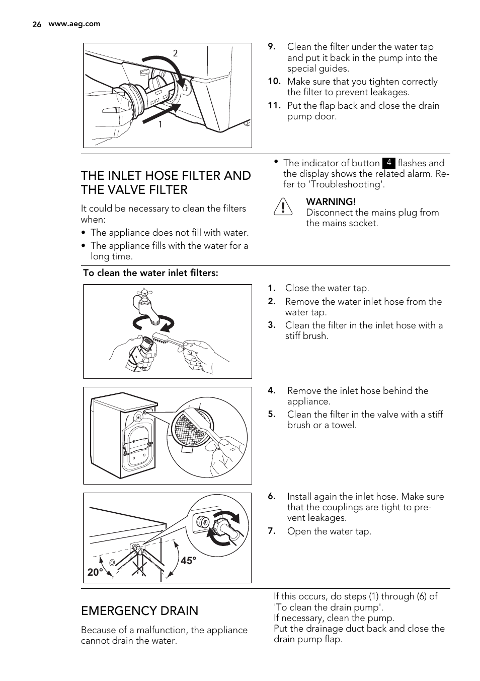 The inlet hose filter and the valve filter, Emergency drain | AEG L76480FL User Manual | Page 26 / 76