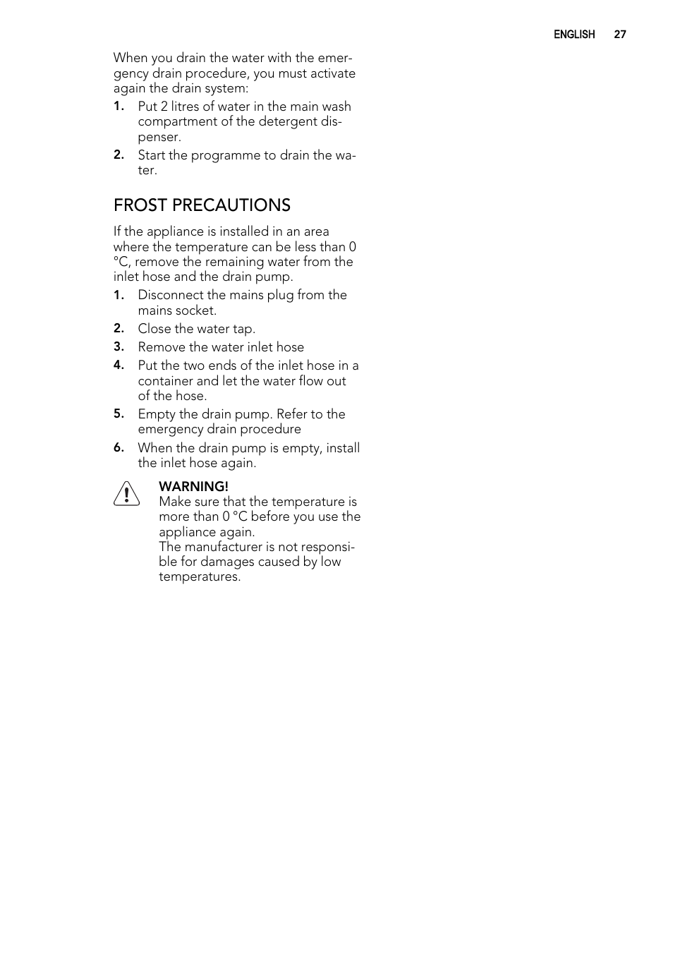 Frost precautions | AEG L76480FL User Manual | Page 27 / 76