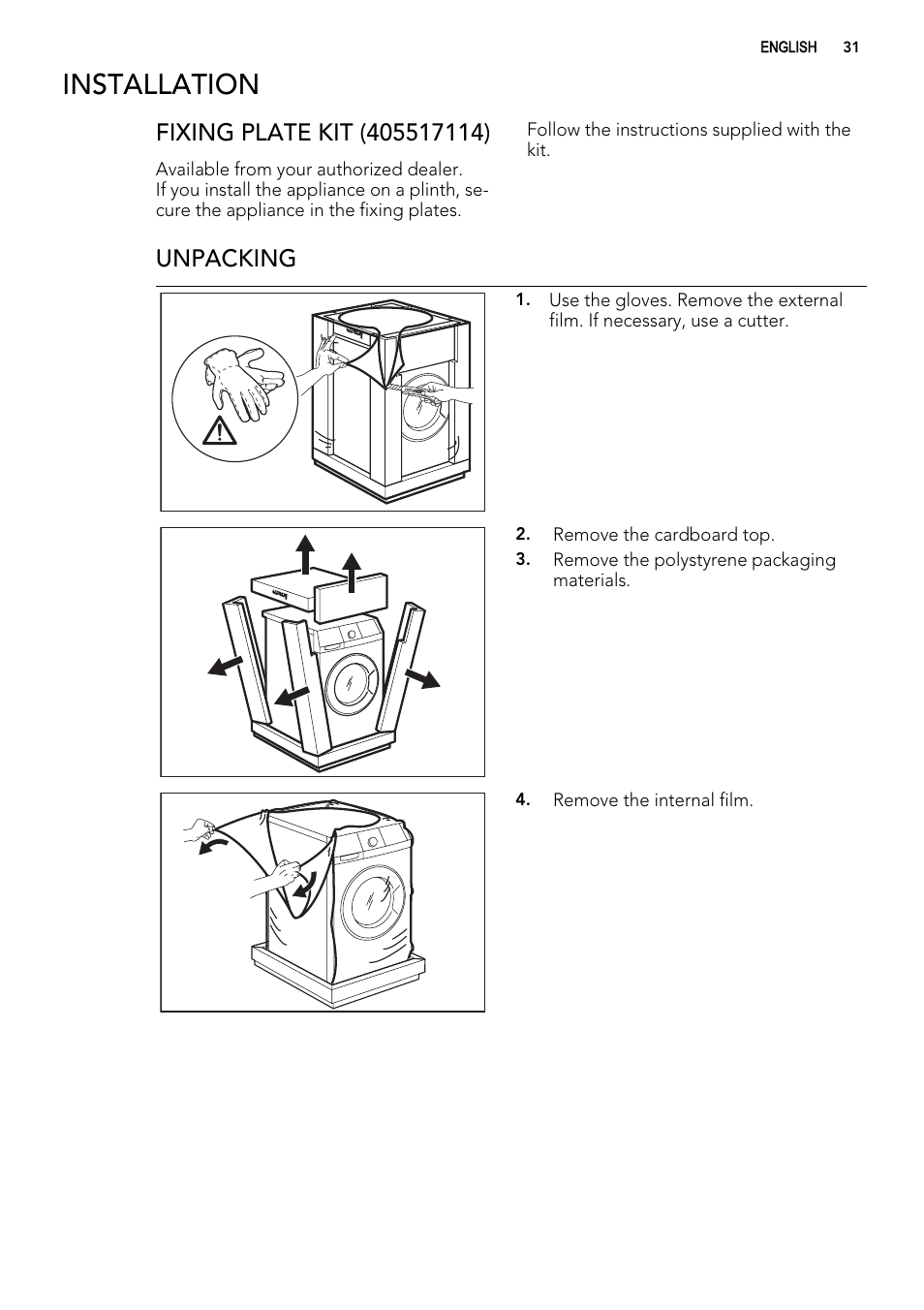 Installation, Unpacking | AEG L76480FL User Manual | Page 31 / 76