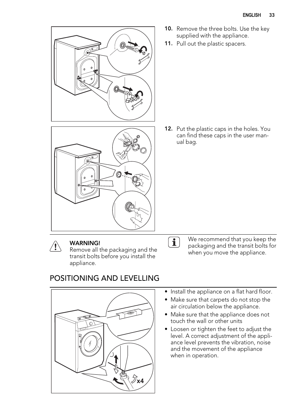 Positioning and levelling | AEG L76480FL User Manual | Page 33 / 76