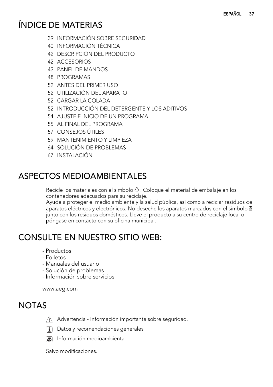 Índice de materias, Aspectos medioambientales, Consulte en nuestro sitio web | Notas | AEG L76480FL User Manual | Page 37 / 76