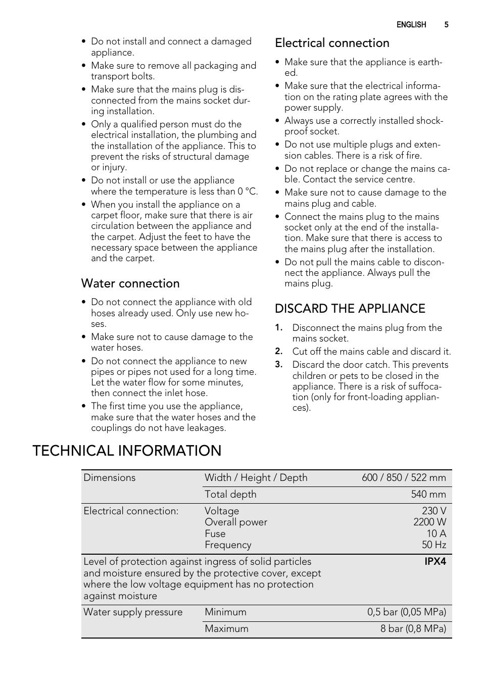 Technical information, Water connection, Electrical connection | Discard the appliance | AEG L76480FL User Manual | Page 5 / 76