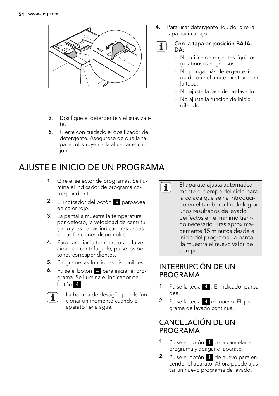 Ajuste e inicio de un programa, Interrupción de un programa, Cancelación de un programa | AEG L76480FL User Manual | Page 54 / 76