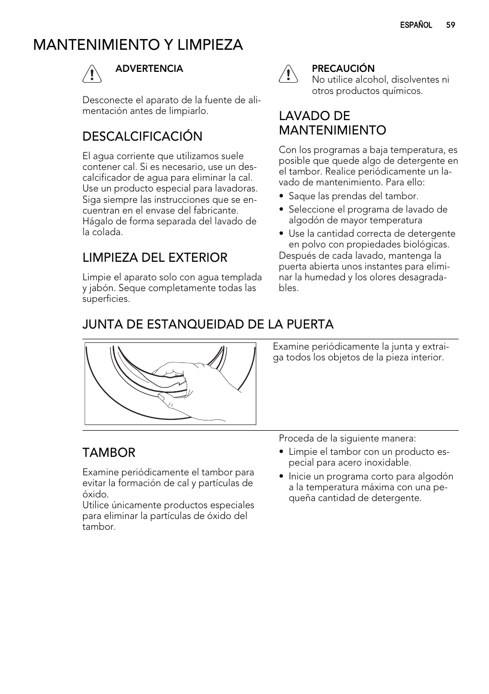 Mantenimiento y limpieza, Descalcificación, Limpieza del exterior | Lavado de mantenimiento, Junta de estanqueidad de la puerta, Tambor | AEG L76480FL User Manual | Page 59 / 76