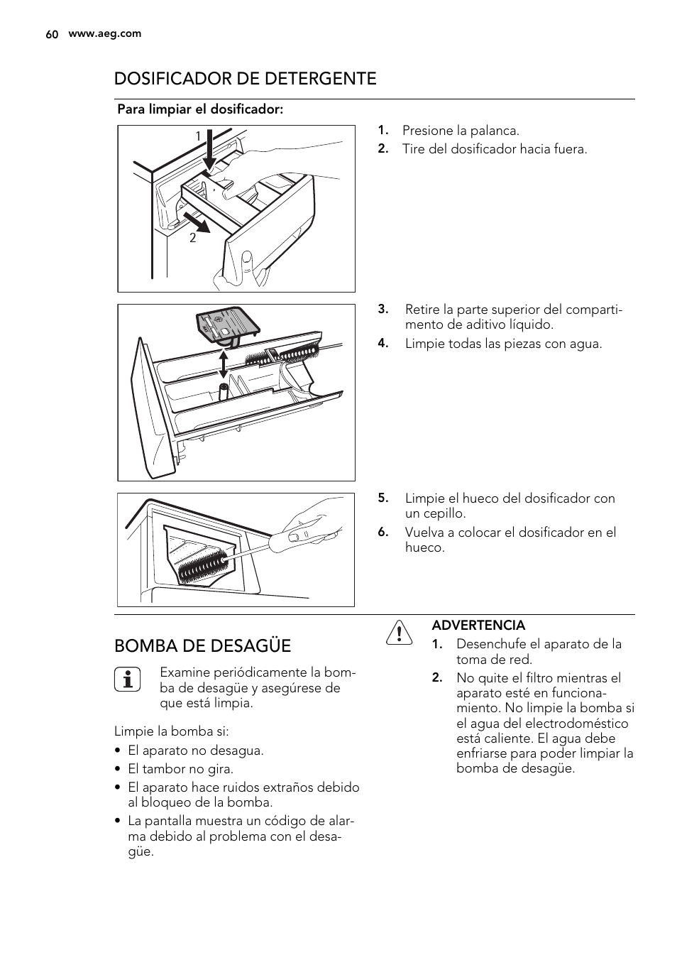 Dosificador de detergente, Bomba de desagüe | AEG L76480FL User Manual | Page 60 / 76