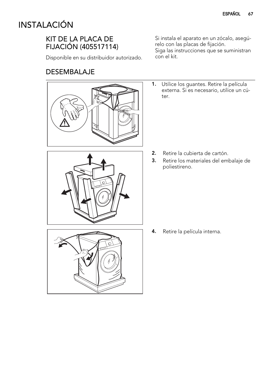 Instalación, Desembalaje | AEG L76480FL User Manual | Page 67 / 76