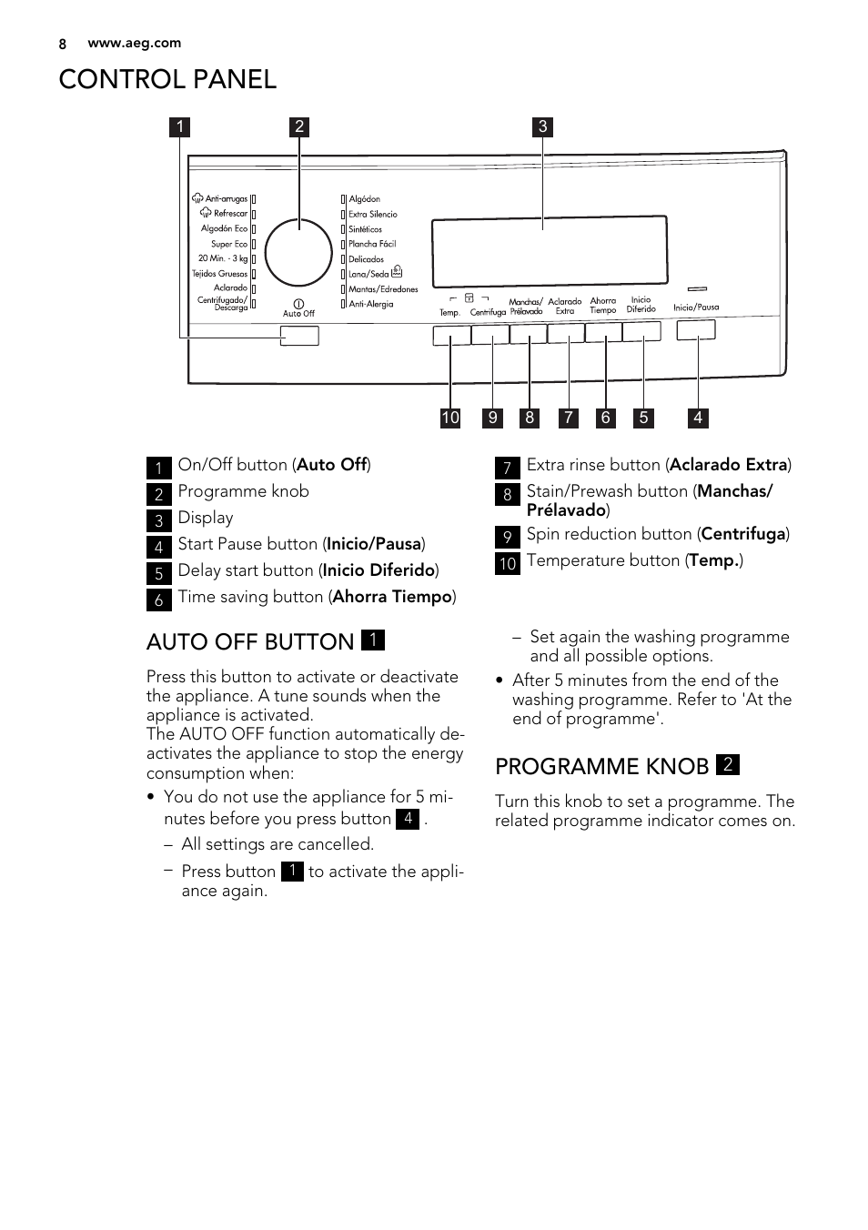 Control panel, Auto off button, Programme knob | AEG L76480FL User Manual | Page 8 / 76