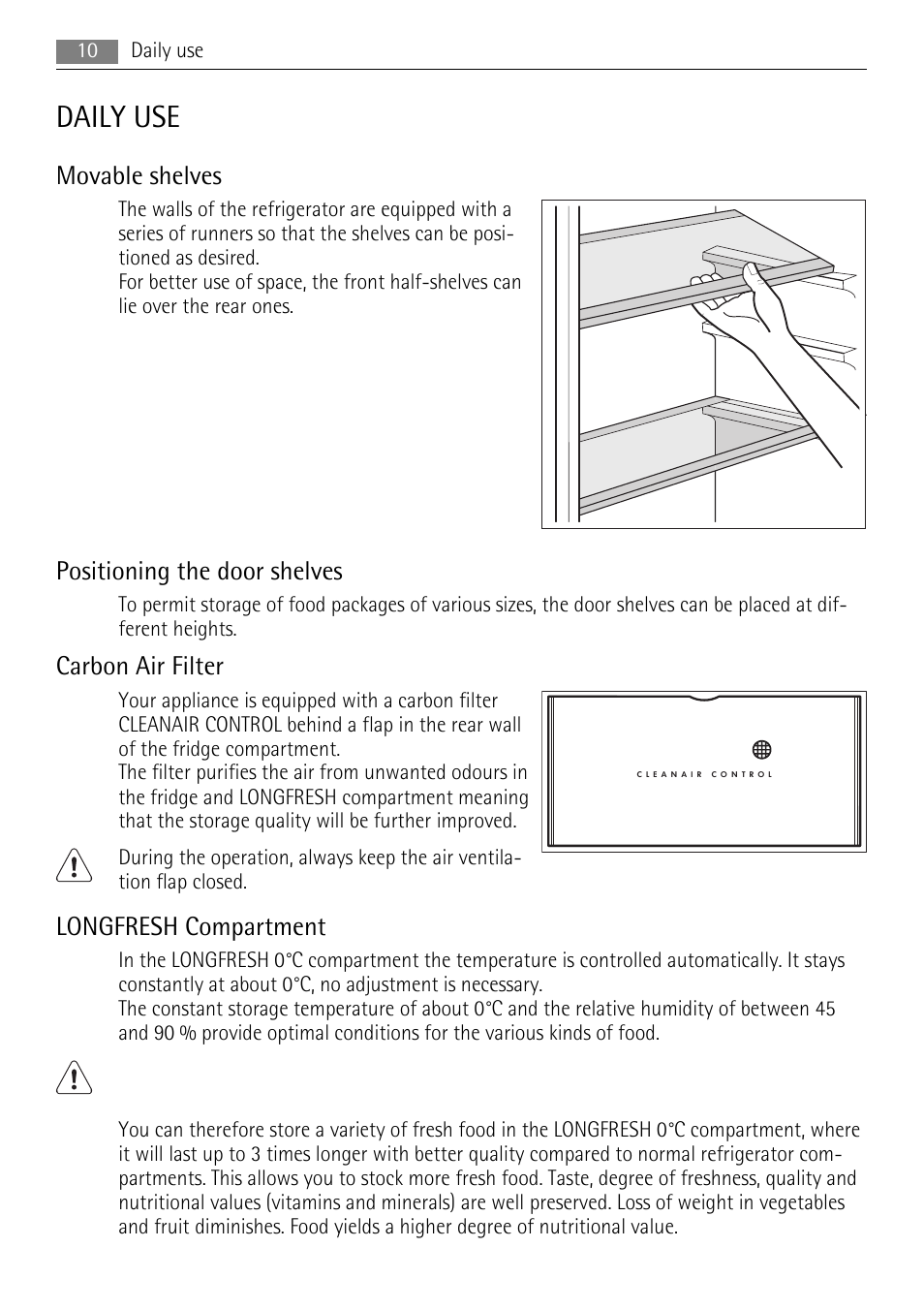 Daily use, Movable shelves, Positioning the door shelves | Carbon air filter, Longfresh compartment | AEG SKS71840S0 User Manual | Page 10 / 84