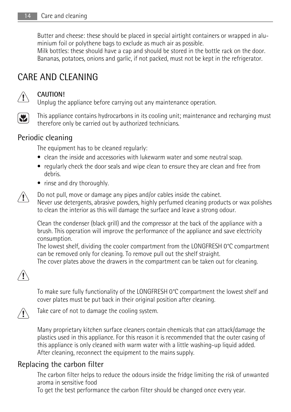 Care and cleaning, Periodic cleaning, Replacing the carbon filter | AEG SKS71840S0 User Manual | Page 14 / 84