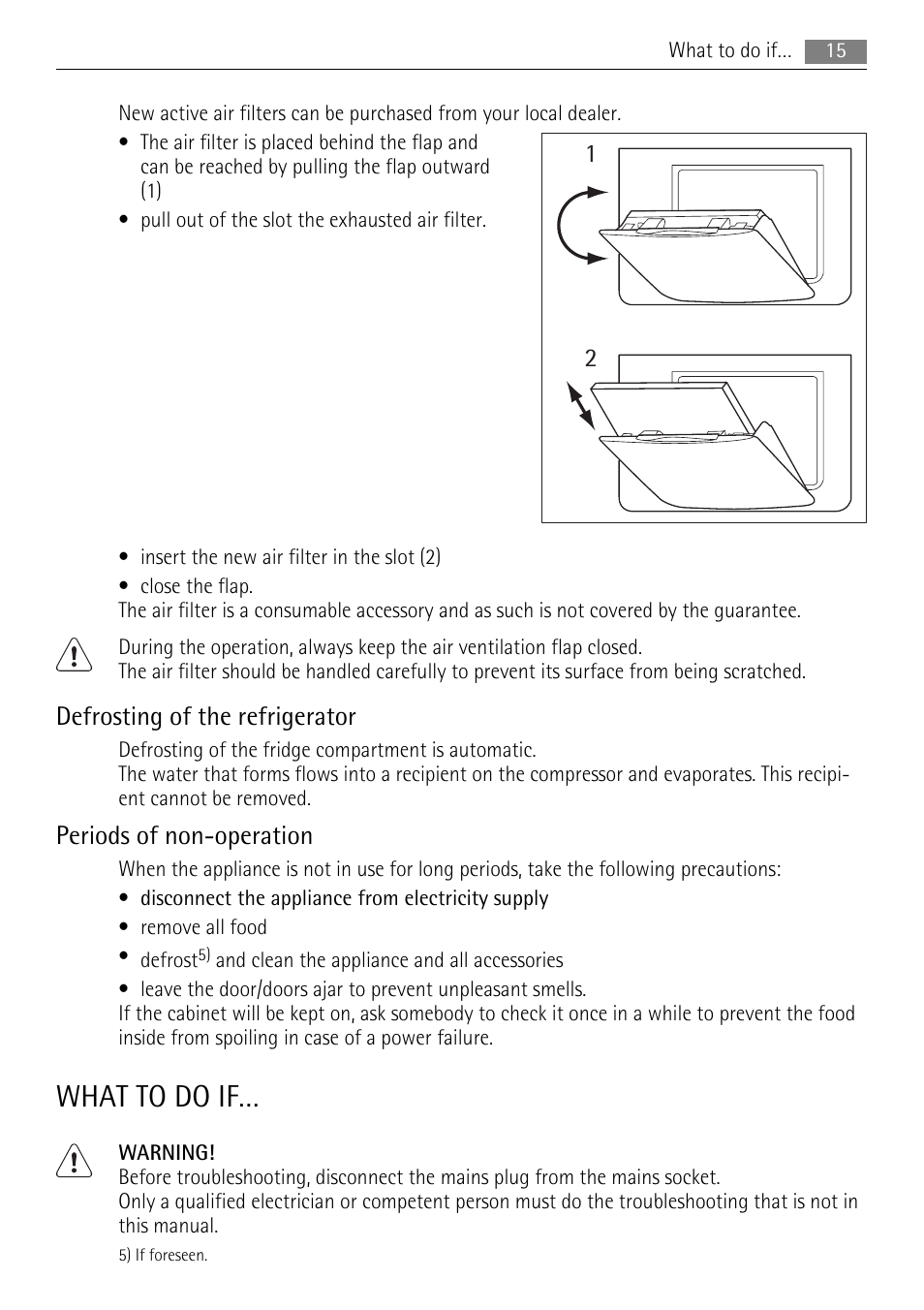 What to do if, Defrosting of the refrigerator, Periods of non-operation | AEG SKS71840S0 User Manual | Page 15 / 84