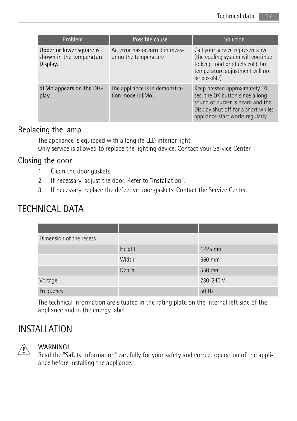 Technical data, Installation, Replacing the lamp | Closing the door | AEG SKS71840S0 User Manual | Page 17 / 84