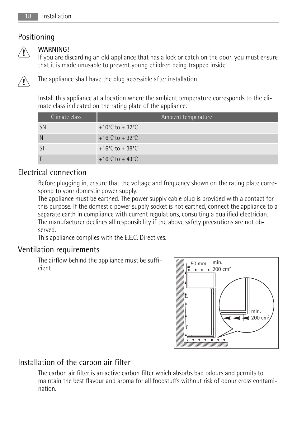 Positioning, Electrical connection, Ventilation requirements | Installation of the carbon air filter | AEG SKS71840S0 User Manual | Page 18 / 84