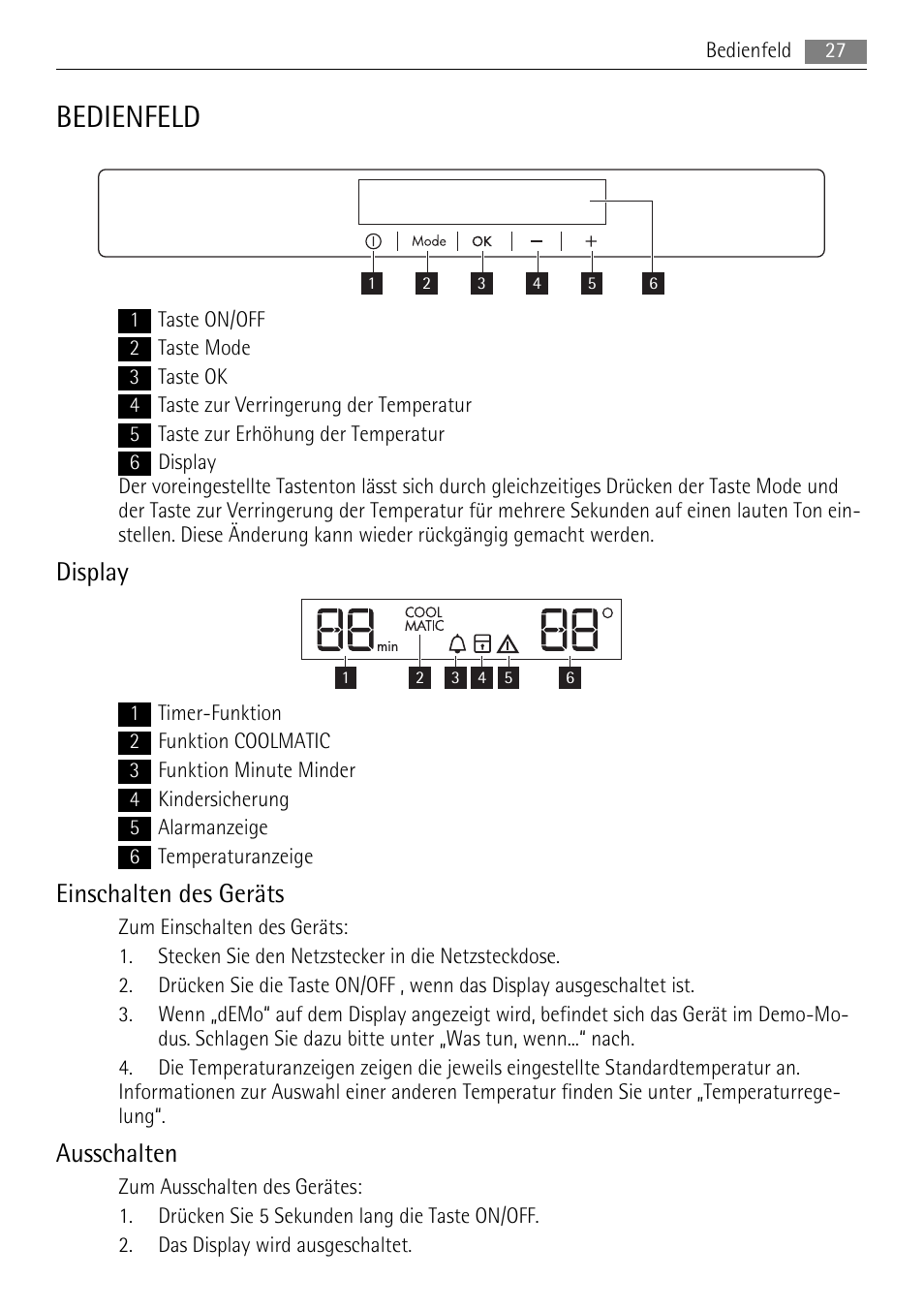 Bedienfeld, Display, Einschalten des geräts | Ausschalten | AEG SKS71840S0 User Manual | Page 27 / 84
