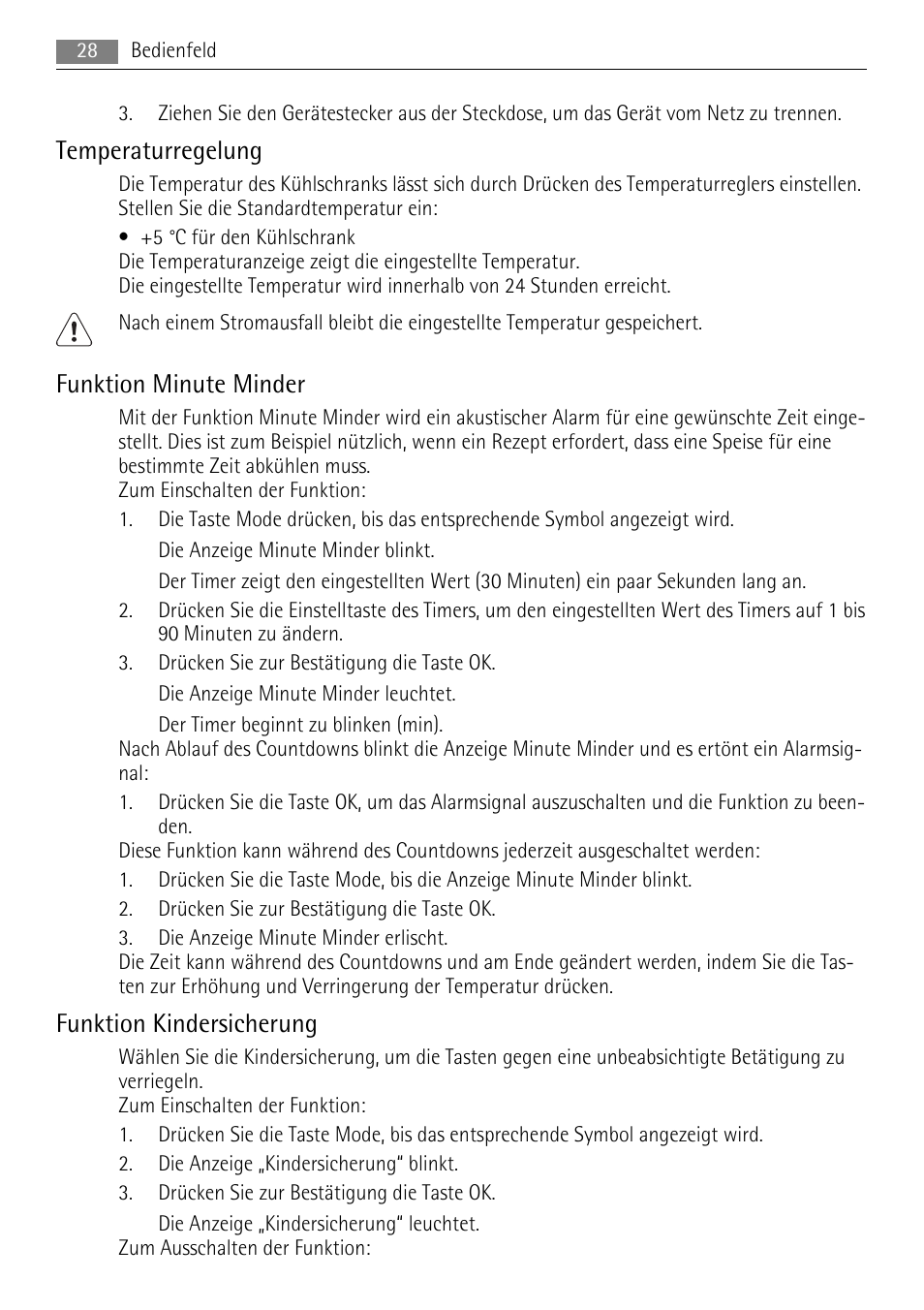 Temperaturregelung, Funktion minute minder, Funktion kindersicherung | AEG SKS71840S0 User Manual | Page 28 / 84