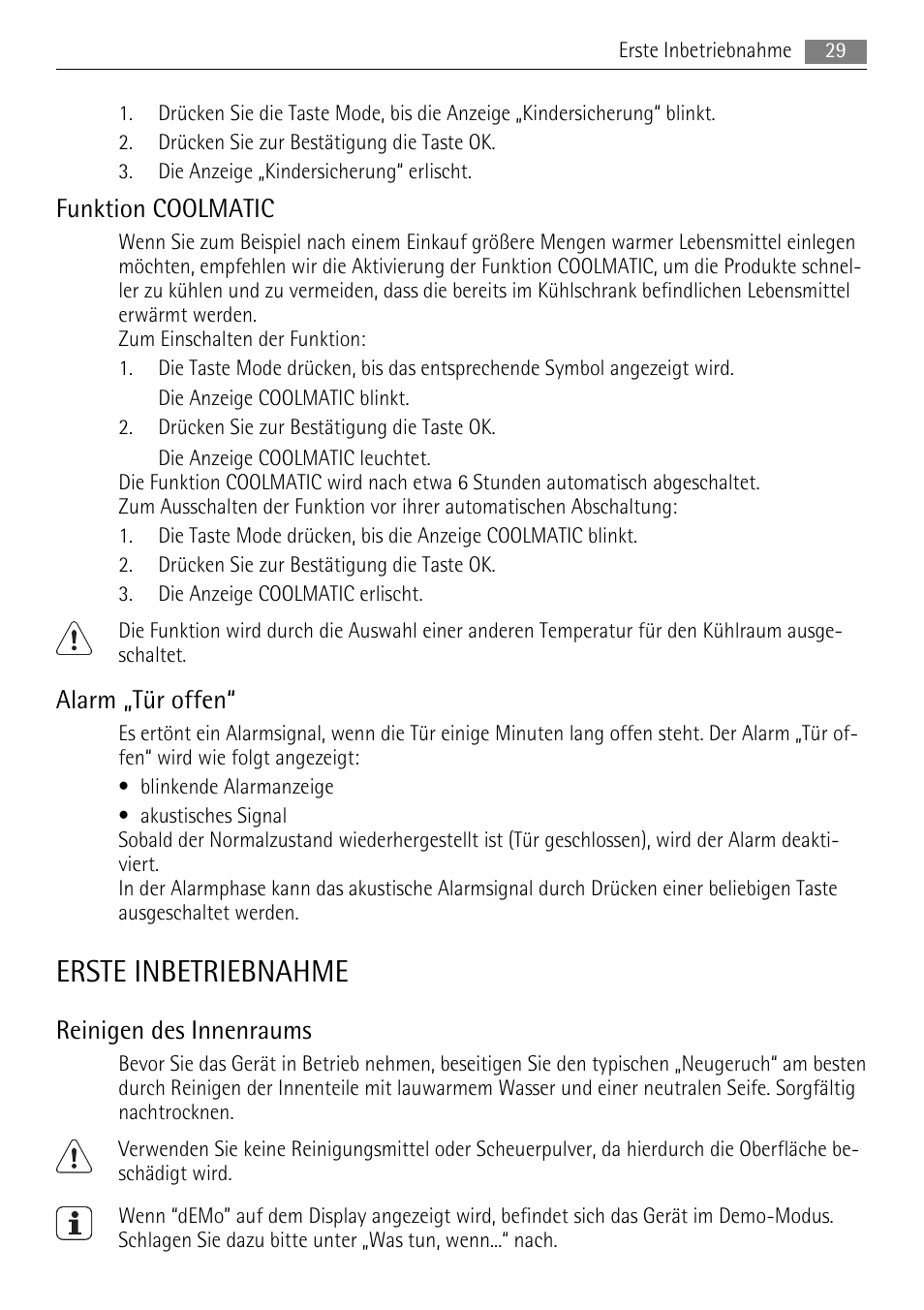 Erste inbetriebnahme, Funktion coolmatic, Alarm „tür offen | Reinigen des innenraums | AEG SKS71840S0 User Manual | Page 29 / 84