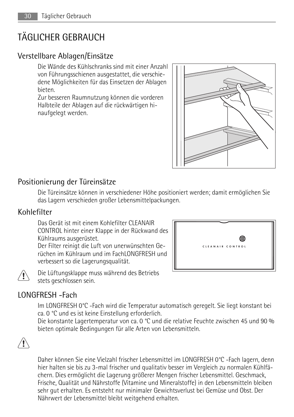 Täglicher gebrauch, Verstellbare ablagen/einsätze, Positionierung der türeinsätze | Kohlefilter, Longfresh -fach | AEG SKS71840S0 User Manual | Page 30 / 84