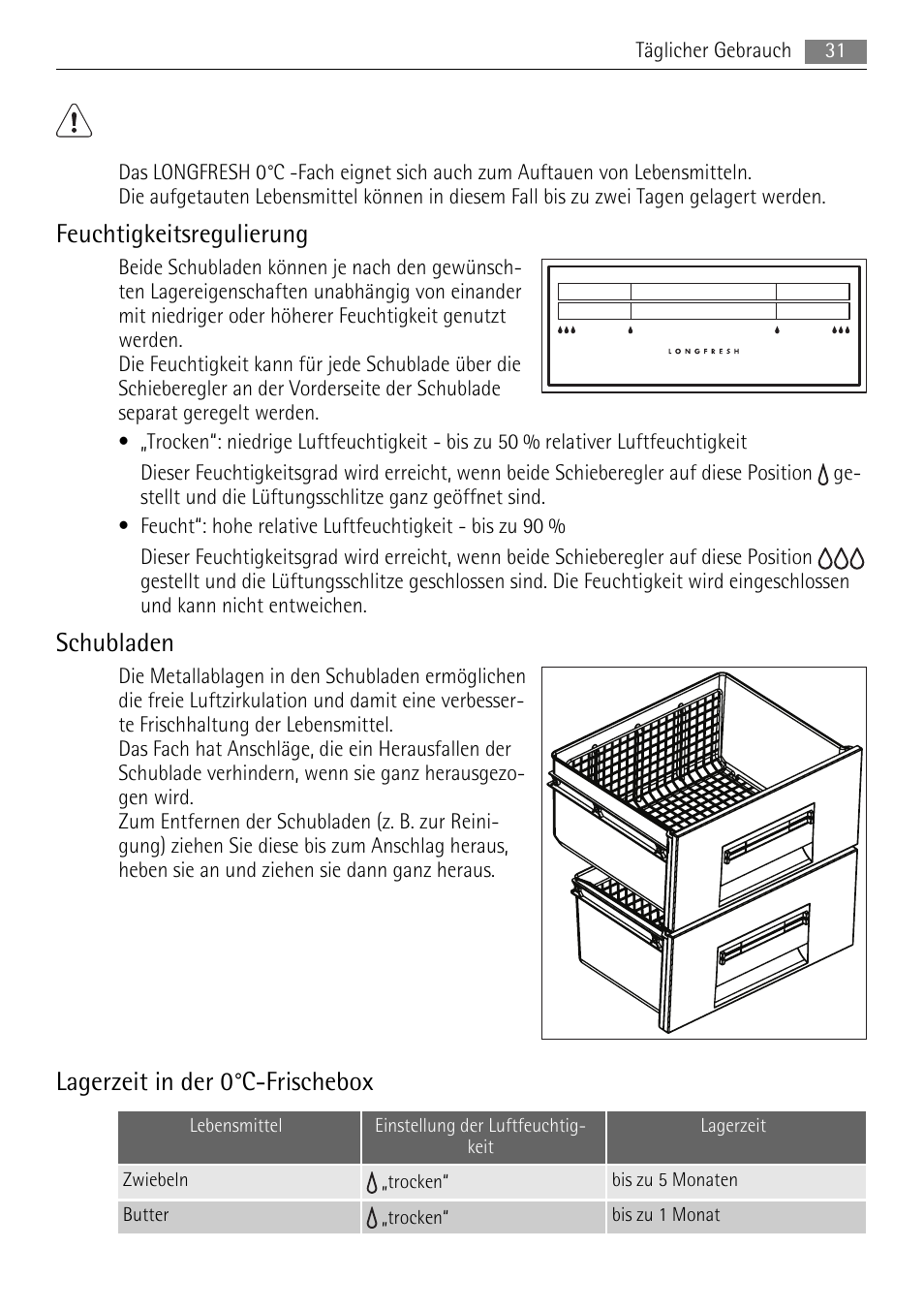 Feuchtigkeitsregulierung, Schubladen, Lagerzeit in der 0°c-frischebox | AEG SKS71840S0 User Manual | Page 31 / 84