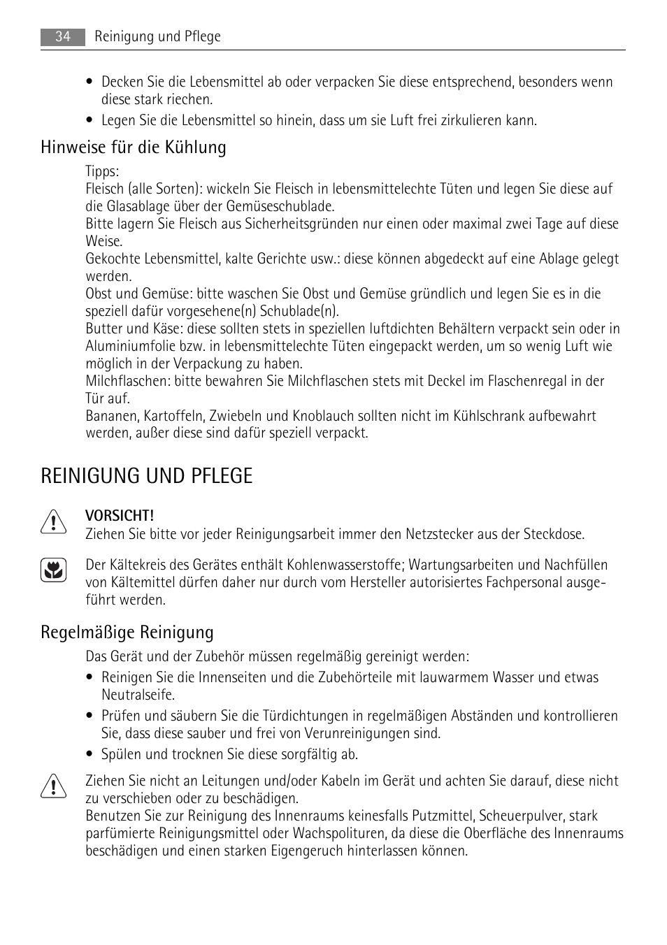 Reinigung und pflege, Hinweise für die kühlung, Regelmäßige reinigung | AEG SKS71840S0 User Manual | Page 34 / 84