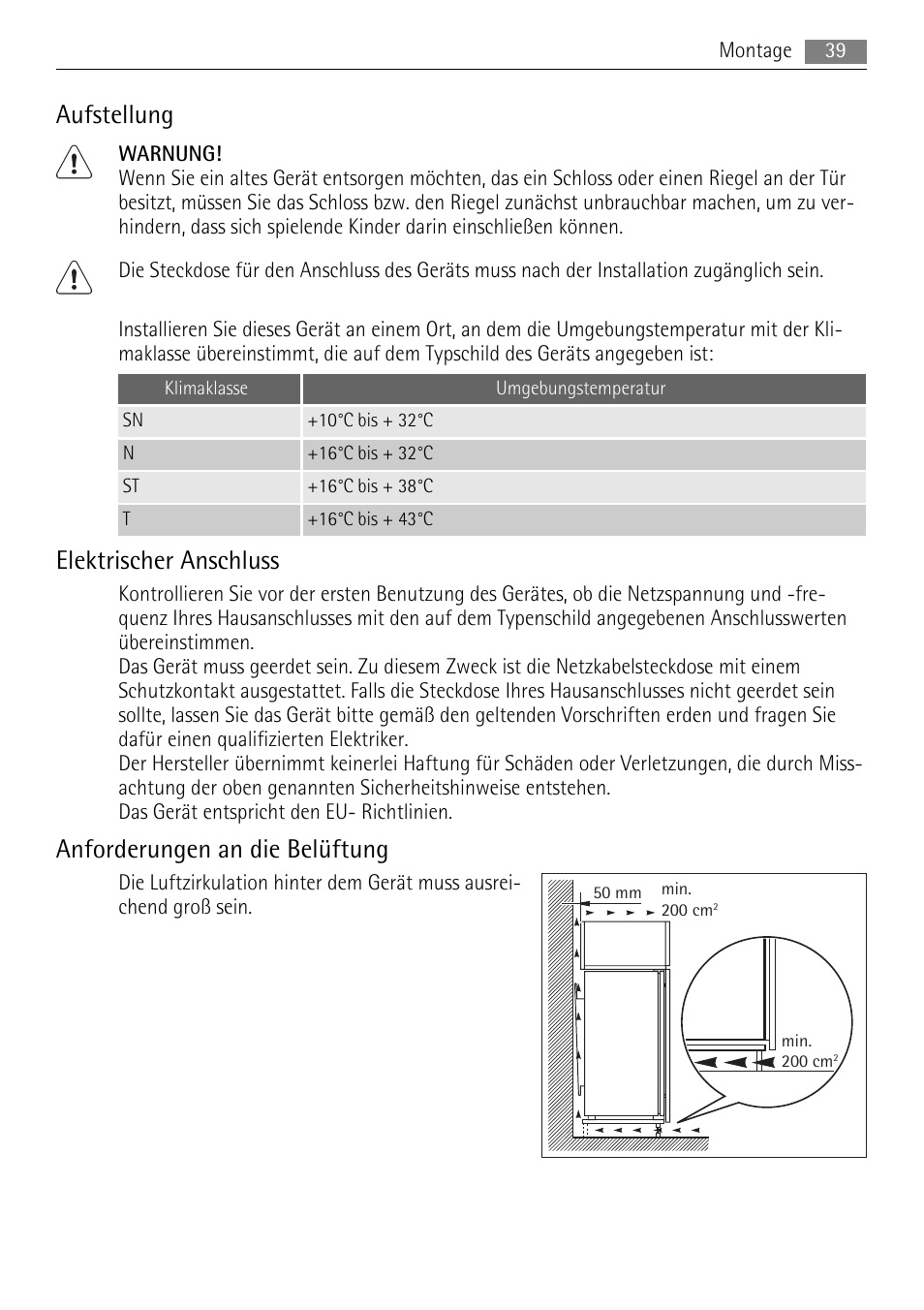 Aufstellung, Elektrischer anschluss, Anforderungen an die belüftung | AEG SKS71840S0 User Manual | Page 39 / 84