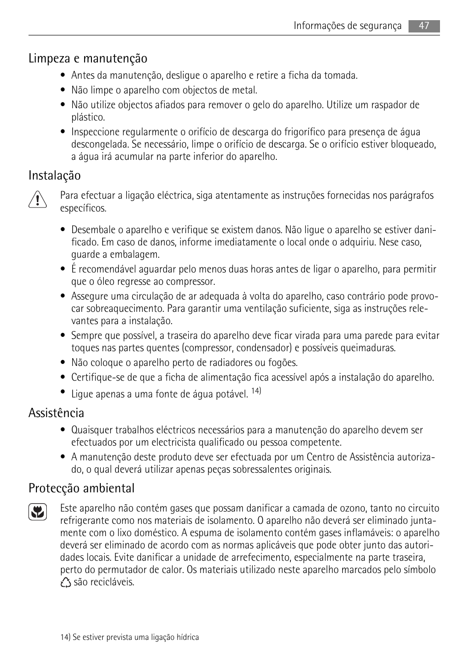 Limpeza e manutenção, Instalação, Assistência | Protecção ambiental | AEG SKS71840S0 User Manual | Page 47 / 84