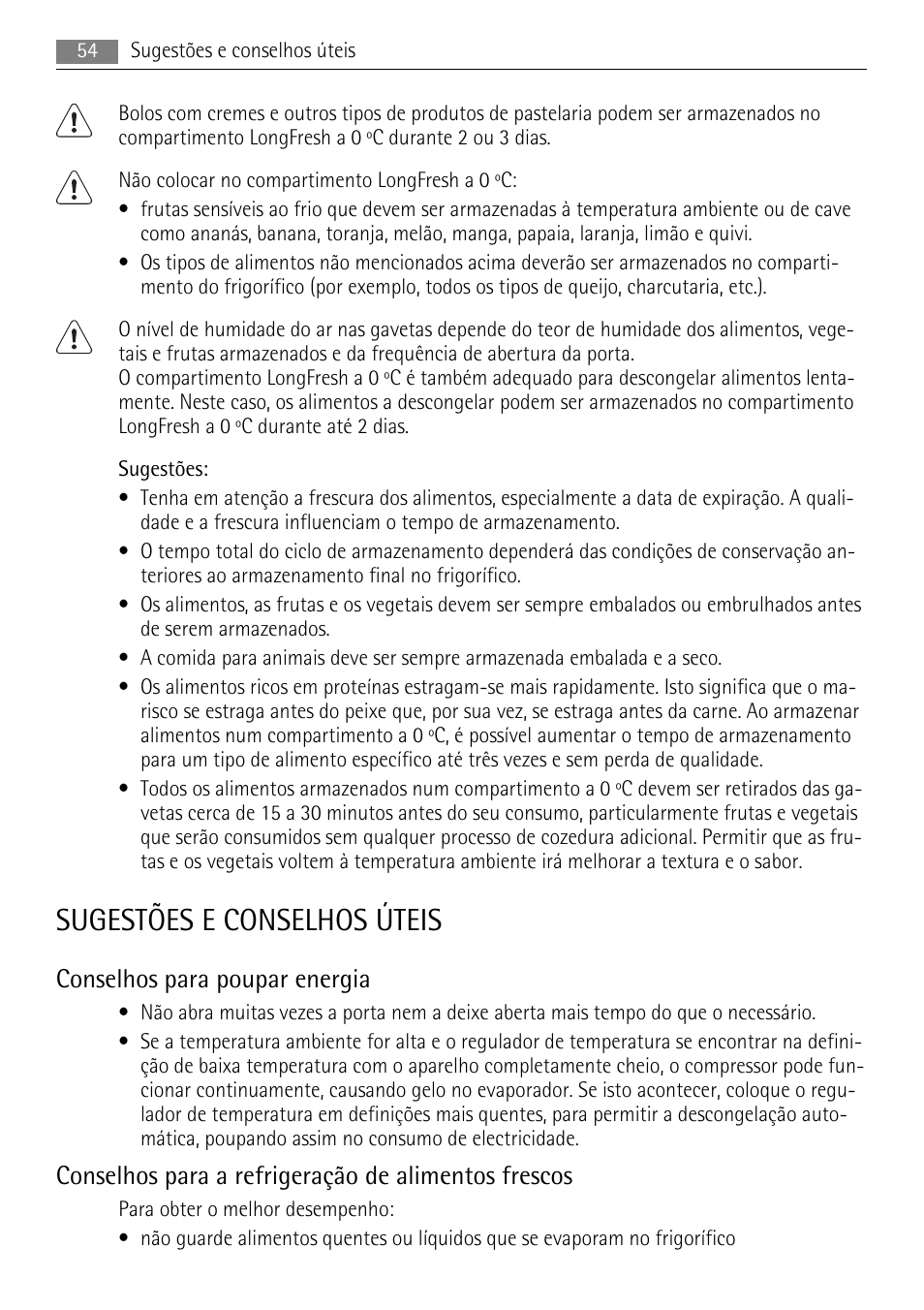 Sugestões e conselhos úteis, Conselhos para poupar energia, Conselhos para a refrigeração de alimentos frescos | AEG SKS71840S0 User Manual | Page 54 / 84