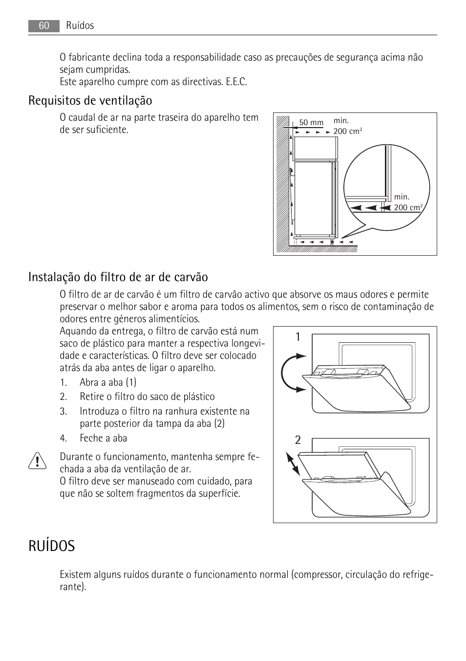 Ruídos, Requisitos de ventilação, Instalação do filtro de ar de carvão | AEG SKS71840S0 User Manual | Page 60 / 84