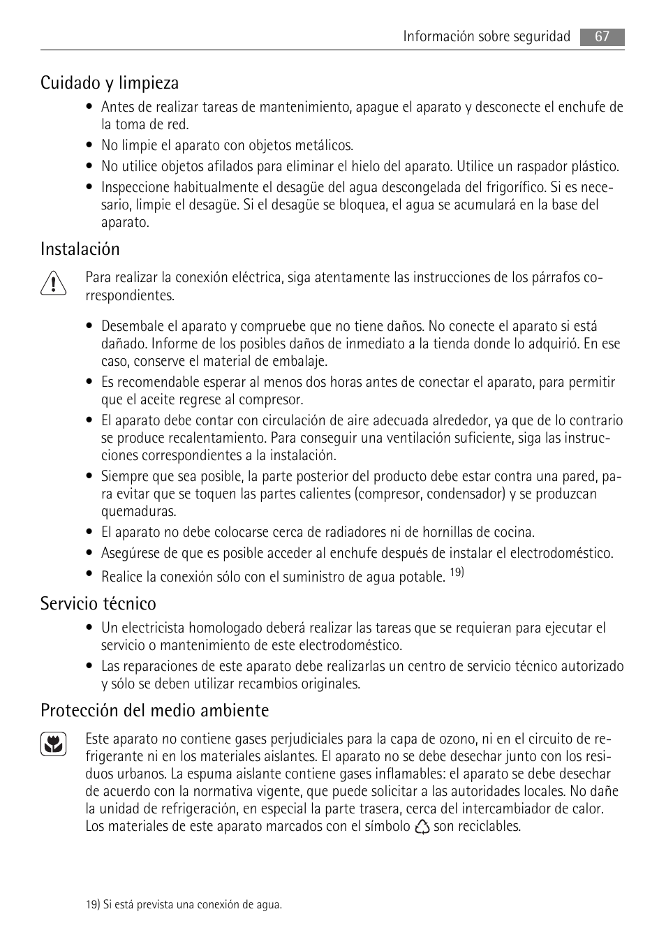 Cuidado y limpieza, Instalación, Servicio técnico | Protección del medio ambiente | AEG SKS71840S0 User Manual | Page 67 / 84