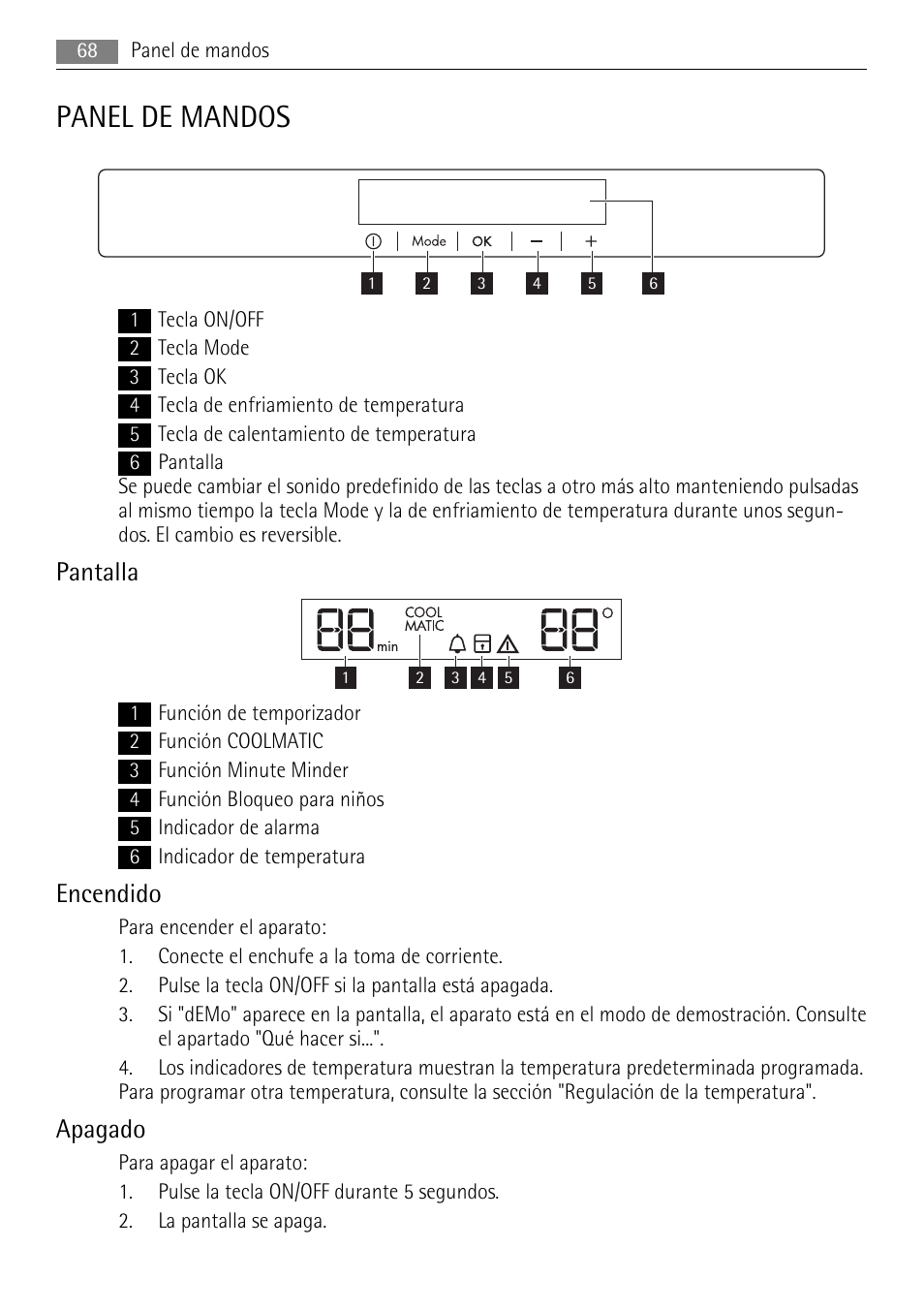 Panel de mandos, Pantalla, Encendido | Apagado | AEG SKS71840S0 User Manual | Page 68 / 84