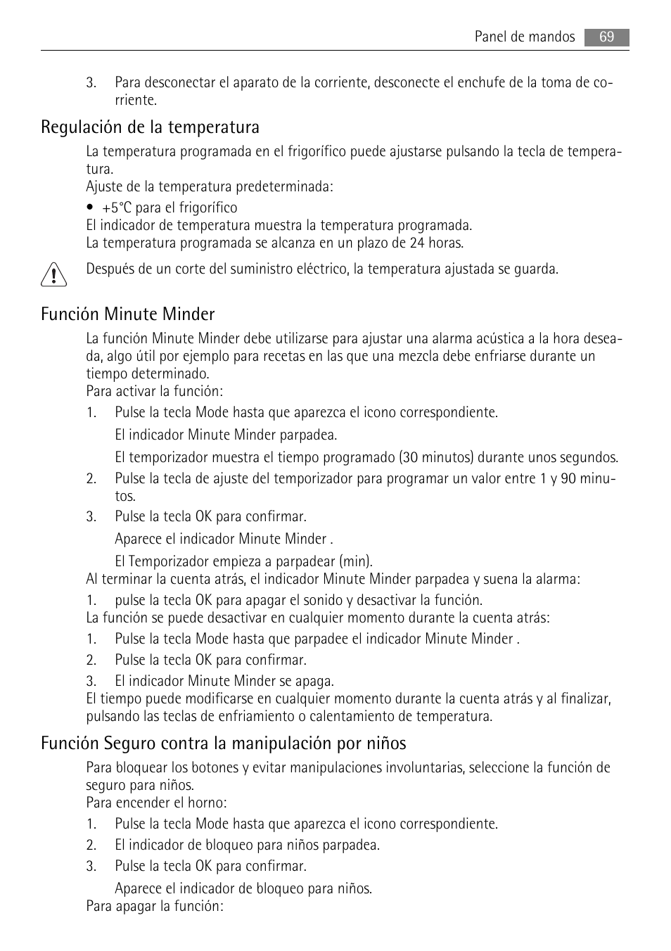 Regulación de la temperatura, Función minute minder, Función seguro contra la manipulación por niños | AEG SKS71840S0 User Manual | Page 69 / 84