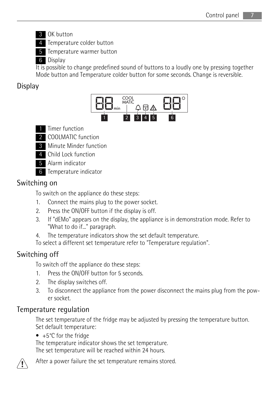 Display, Switching on, Switching off | Temperature regulation | AEG SKS71840S0 User Manual | Page 7 / 84