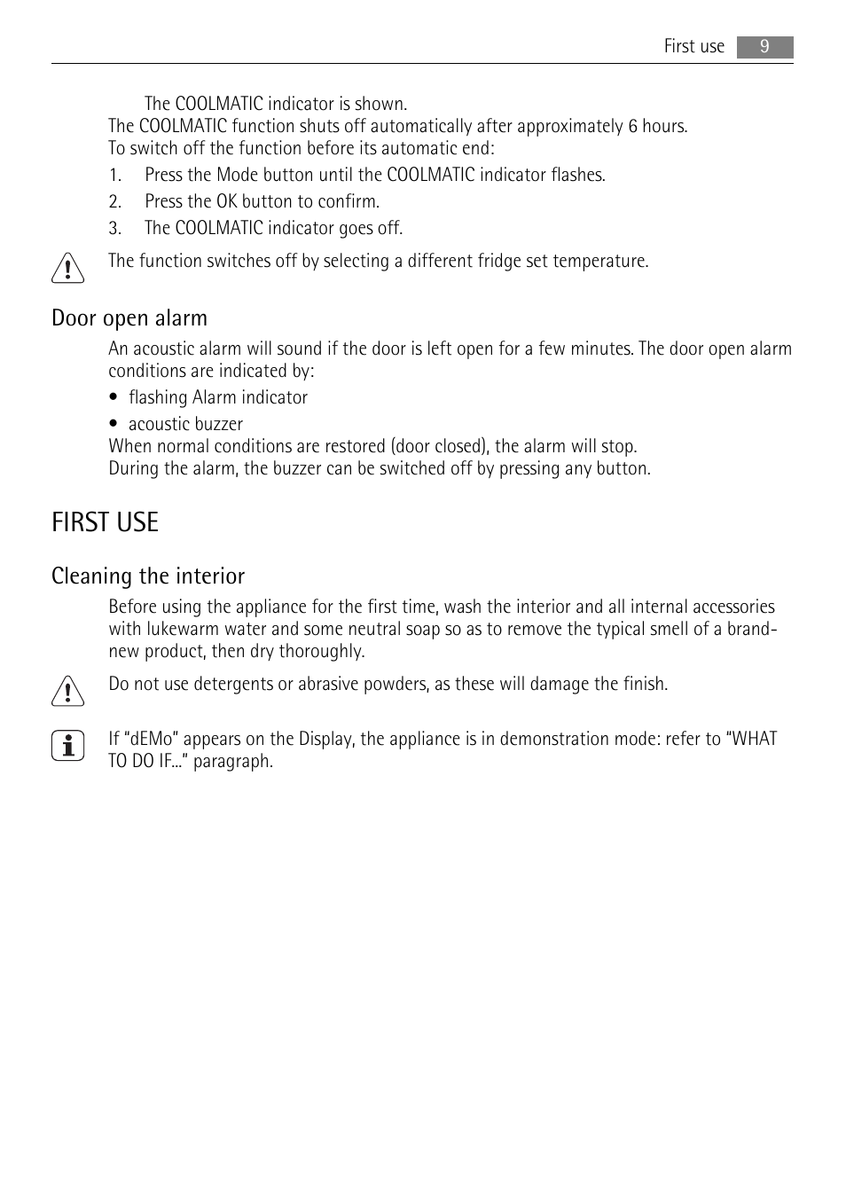 First use, Door open alarm, Cleaning the interior | AEG SKS71840S0 User Manual | Page 9 / 84