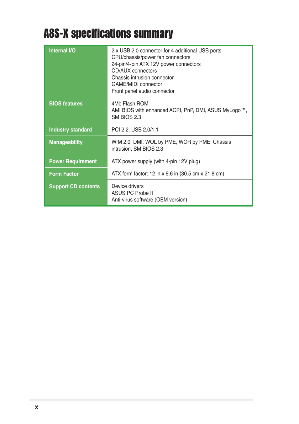 A8s-x specifications summary | Asus A8S-X User Manual | Page 10 / 68