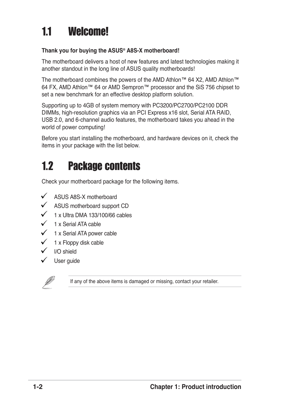 1 welcome, 2 package contents | Asus A8S-X User Manual | Page 12 / 68