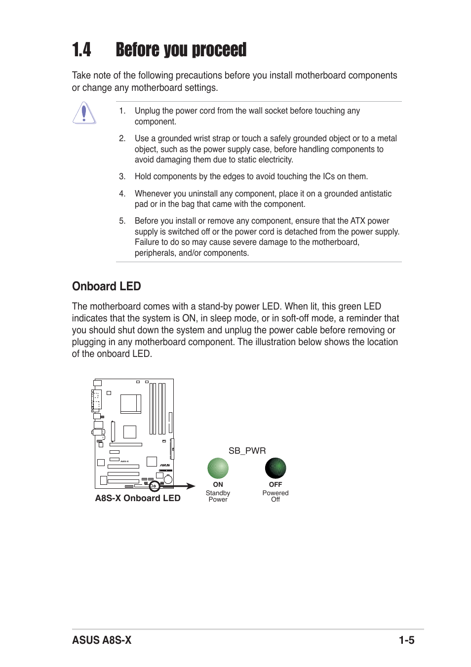 4 before you proceed, Onboard led, Asus a8s-x 1-5 | Asus A8S-X User Manual | Page 15 / 68