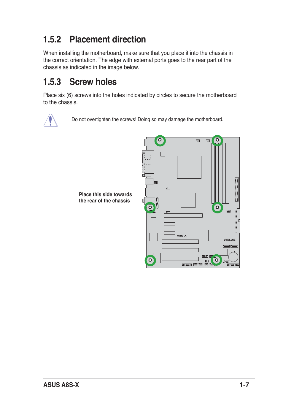 2 placement direction, 3 screw holes | Asus A8S-X User Manual | Page 17 / 68