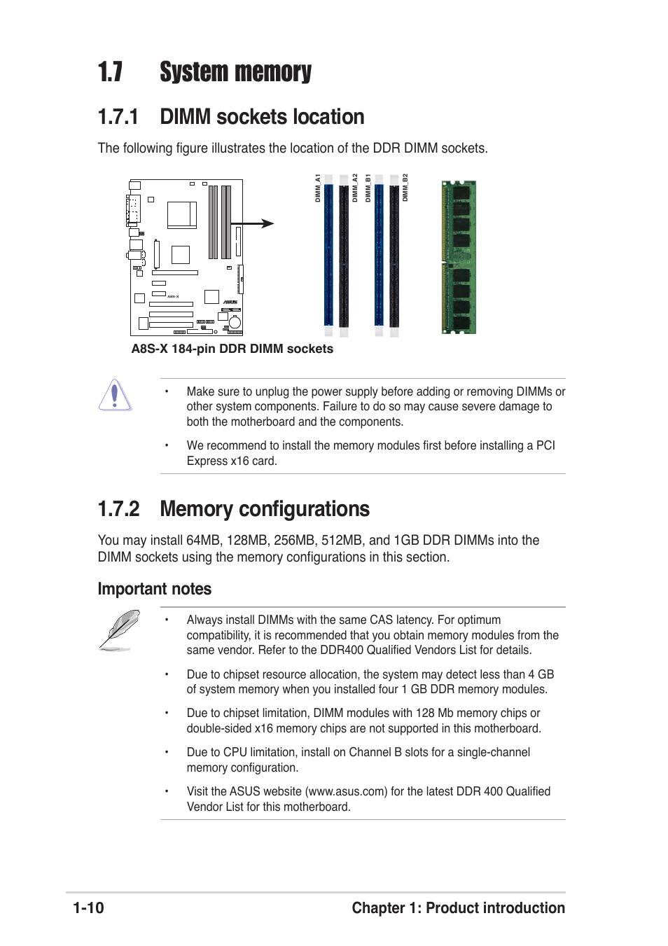 1 dimm sockets location, 10 chapter 1: product introduction | Asus A8S-X User Manual | Page 20 / 68