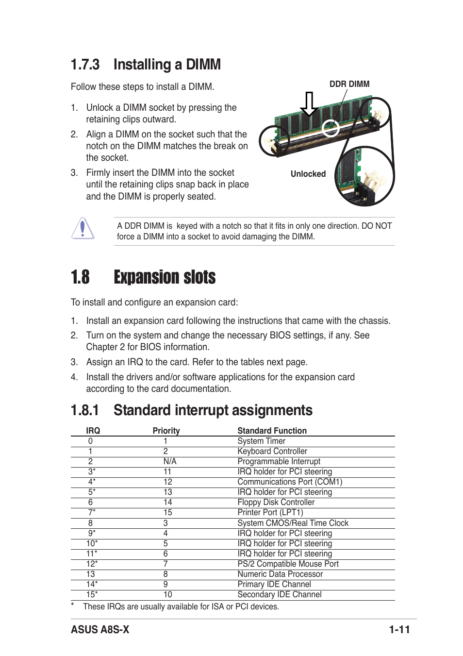 8 expansion slots, 3 installing a dimm, 1 standard interrupt assignments | Asus A8S-X User Manual | Page 21 / 68