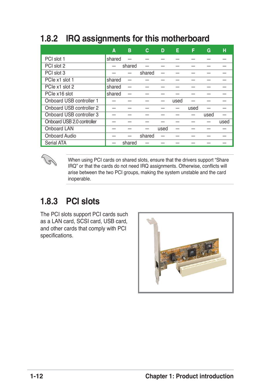 3 pci slots, 2 irq assignments for this motherboard, 12 chapter 1: product introduction | Asus A8S-X User Manual | Page 22 / 68