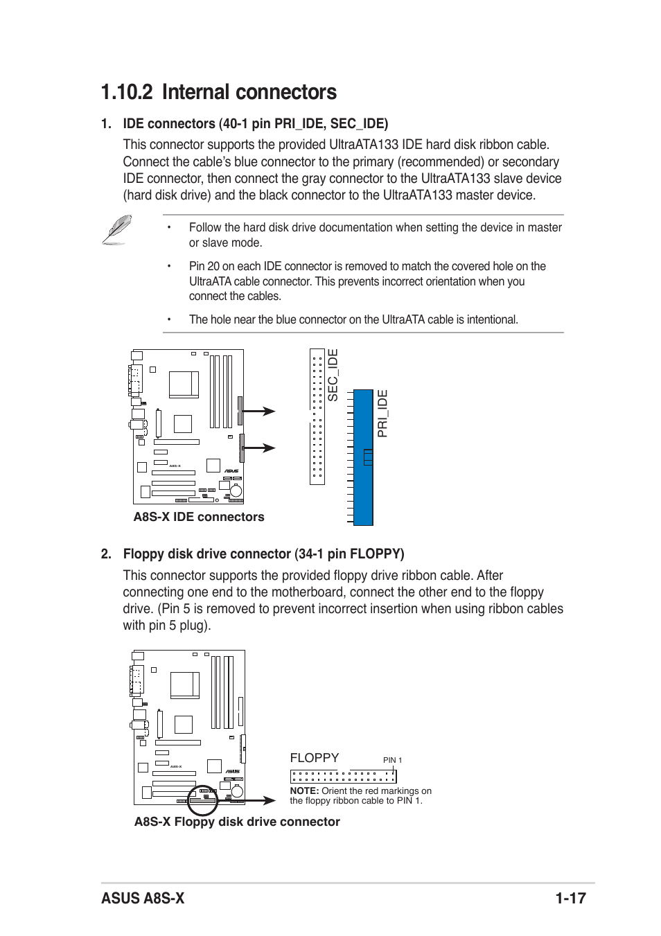 2 internal connectors, Asus a8s-x 1-17 | Asus A8S-X User Manual | Page 27 / 68