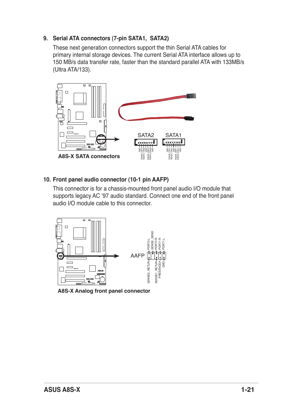 Asus a8s-x 1-21, A8s-x sata connectors sata2, Sata1 | Aafp, A8s-x analog front panel connector | Asus A8S-X User Manual | Page 31 / 68