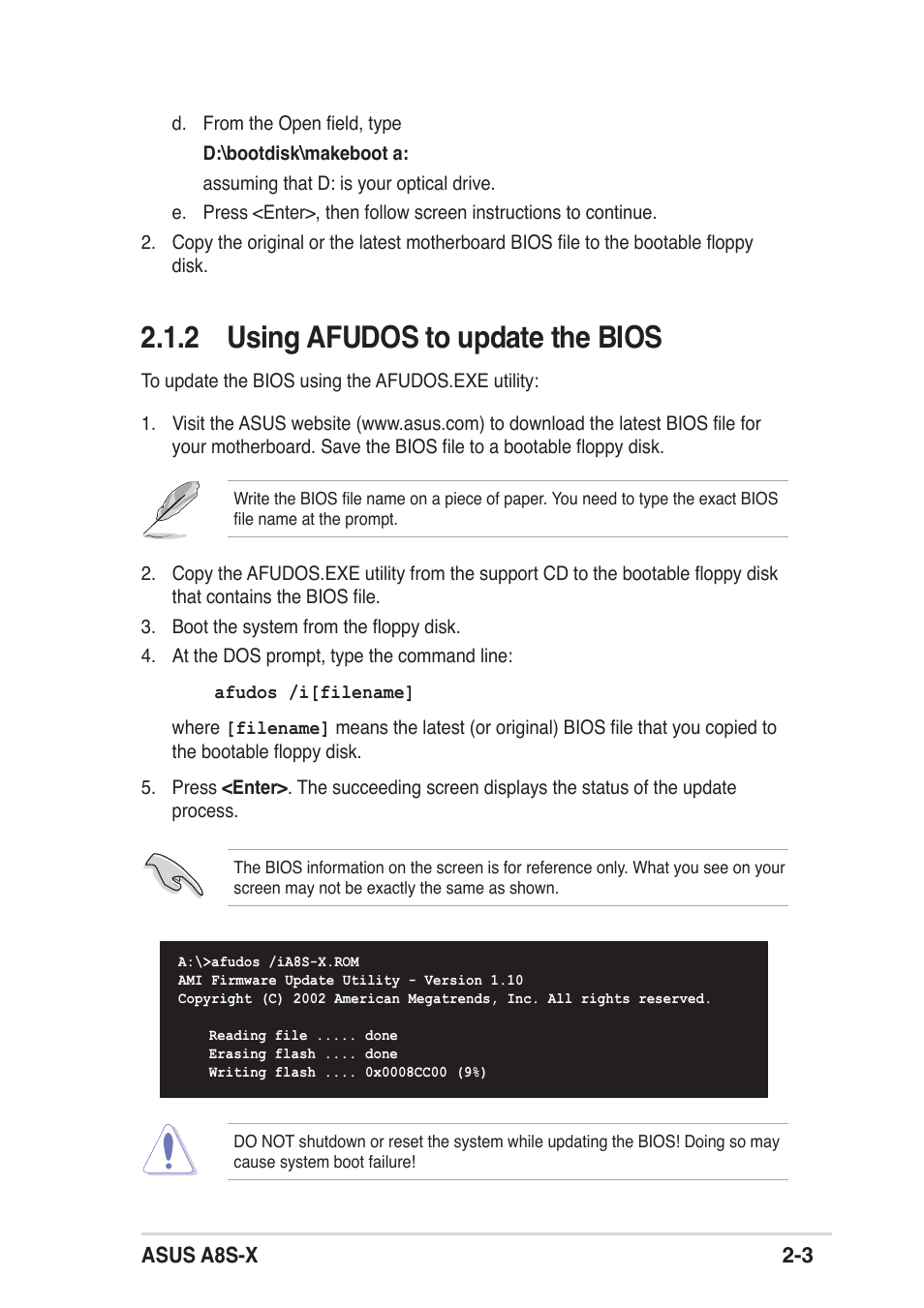 2 using afudos to update the bios | Asus A8S-X User Manual | Page 35 / 68