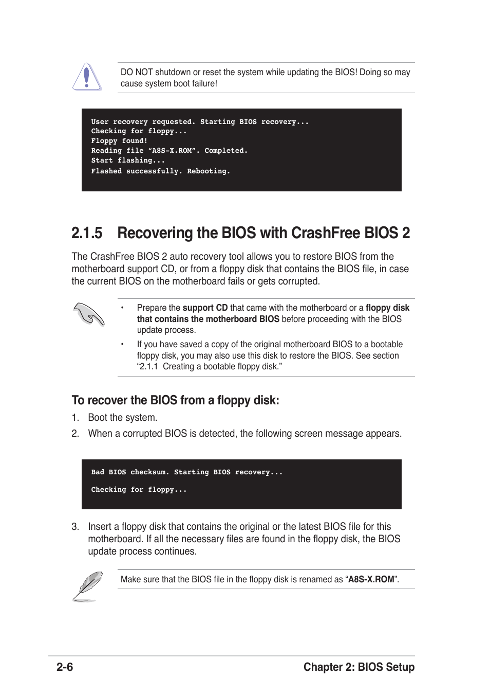 5 recovering the bios with crashfree bios 2 | Asus A8S-X User Manual | Page 38 / 68