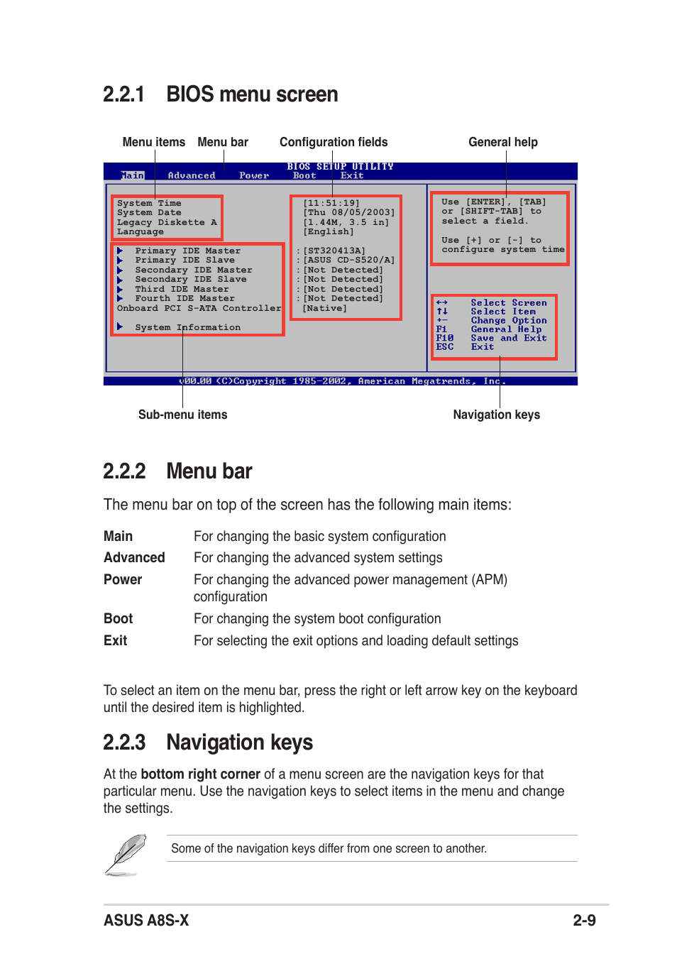 2 menu bar, 1 bios menu screen, 3 navigation keys | Asus a8s-x 2-9 | Asus A8S-X User Manual | Page 41 / 68