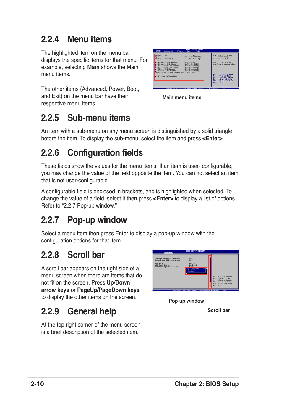 4 menu items, 5 sub-menu items, 6 configuration fields | 7 pop-up window, 8 scroll bar, 9 general help, 10 chapter 2: bios setup | Asus A8S-X User Manual | Page 42 / 68