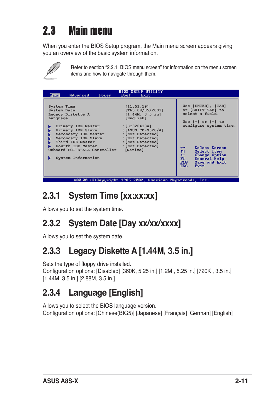 3 main menu, 1 system time [xx:xx:xx, 4 language [english | Asus a8s-x 2-11 | Asus A8S-X User Manual | Page 43 / 68