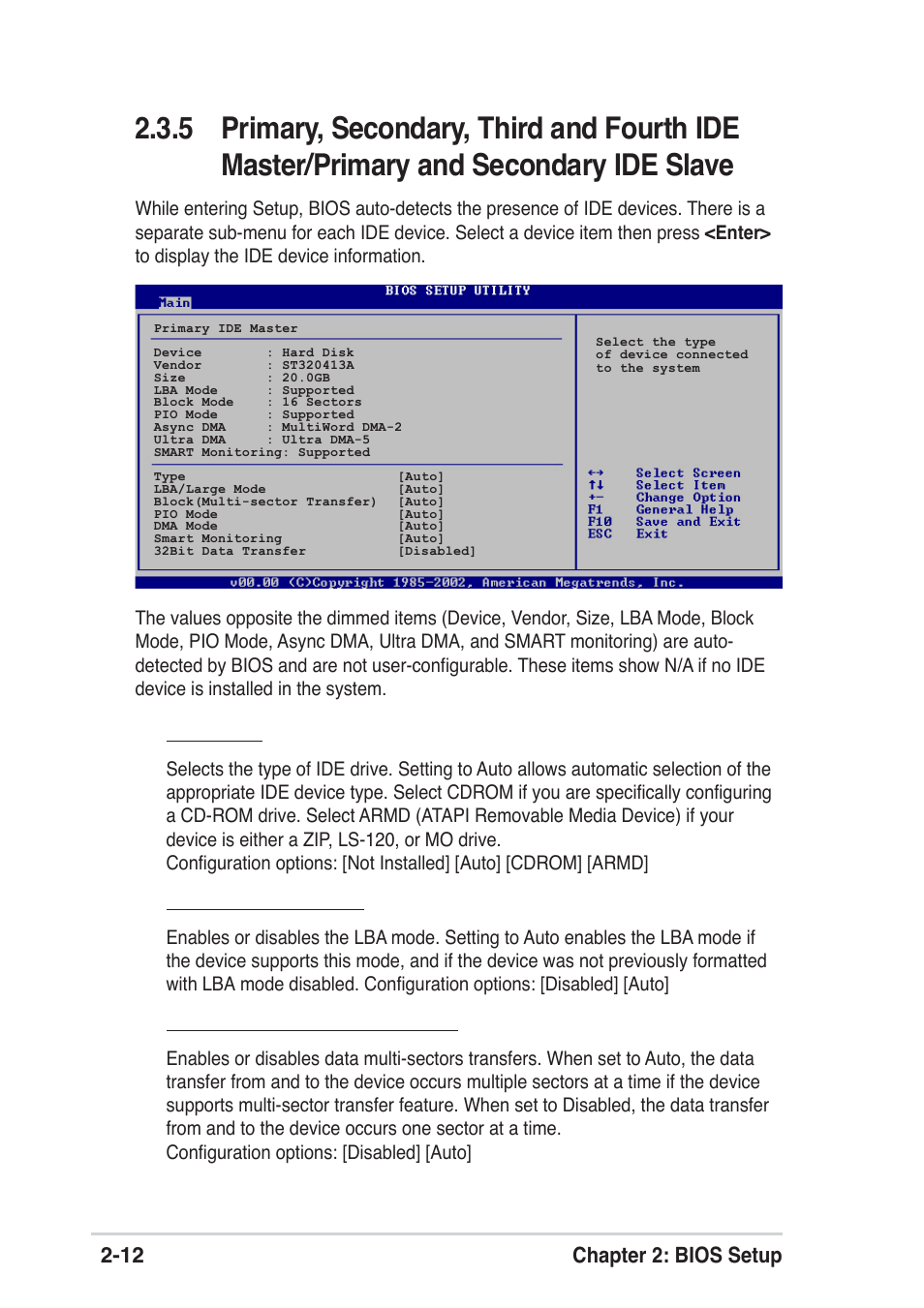 12 chapter 2: bios setup, Type [auto, Lba/large mode [auto | Block (multi-sector transfer) [auto | Asus A8S-X User Manual | Page 44 / 68