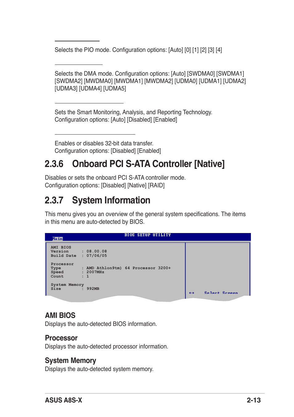 6 onboard pci s-ata controller [native, 7 system information | Asus A8S-X User Manual | Page 45 / 68