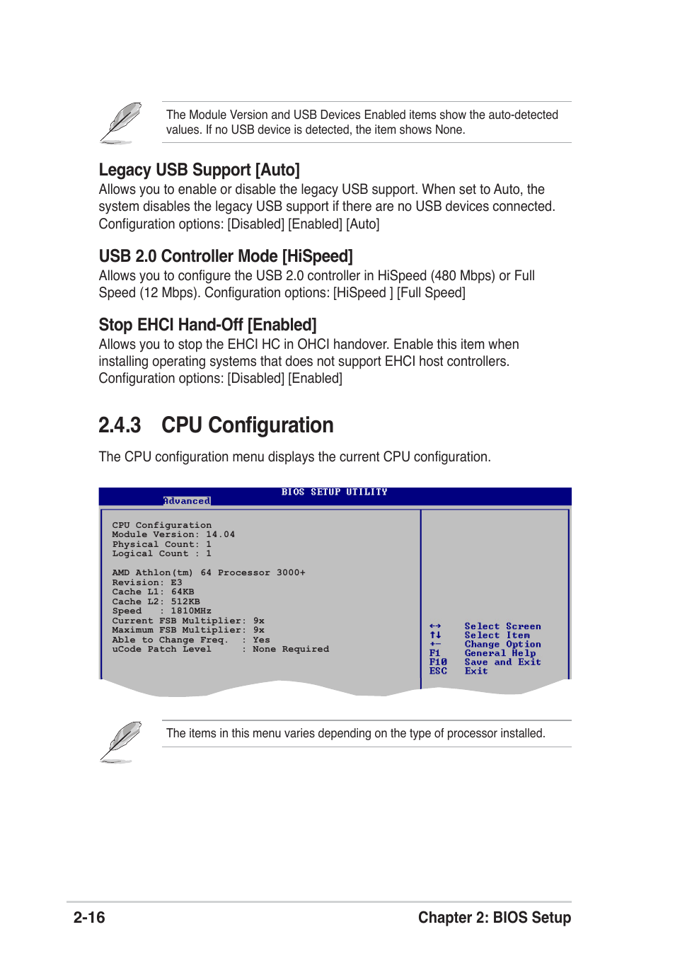 3 cpu configuration, Legacy usb support [auto, Usb 2.0 controller mode [hispeed | Stop ehci hand-off [enabled | Asus A8S-X User Manual | Page 48 / 68