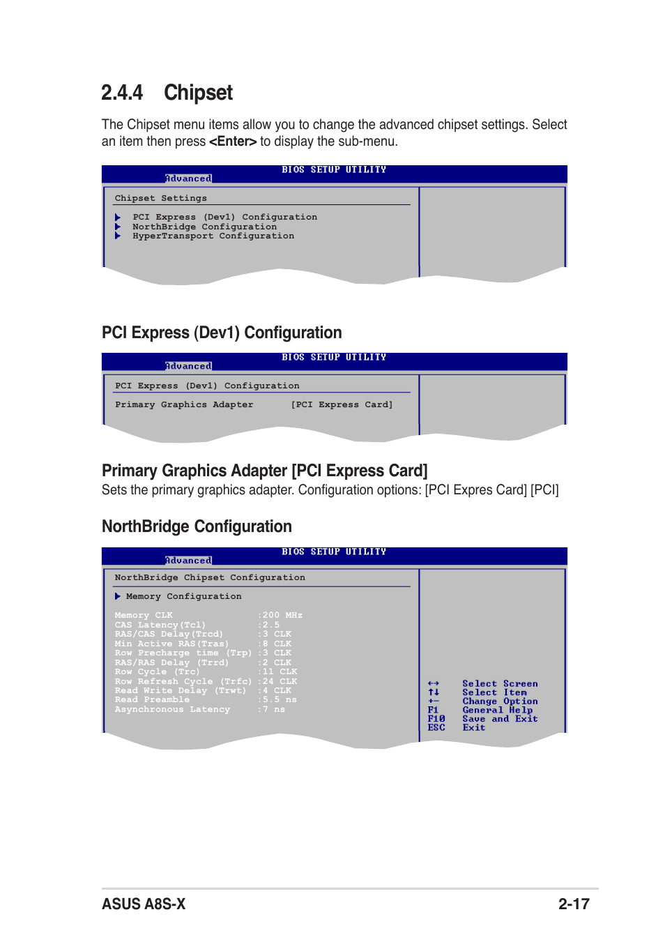 4 chipset, Pci express (dev1) configuration, Primary graphics adapter [pci express card | Northbridge configuration, Asus a8s-x 2-17 | Asus A8S-X User Manual | Page 49 / 68
