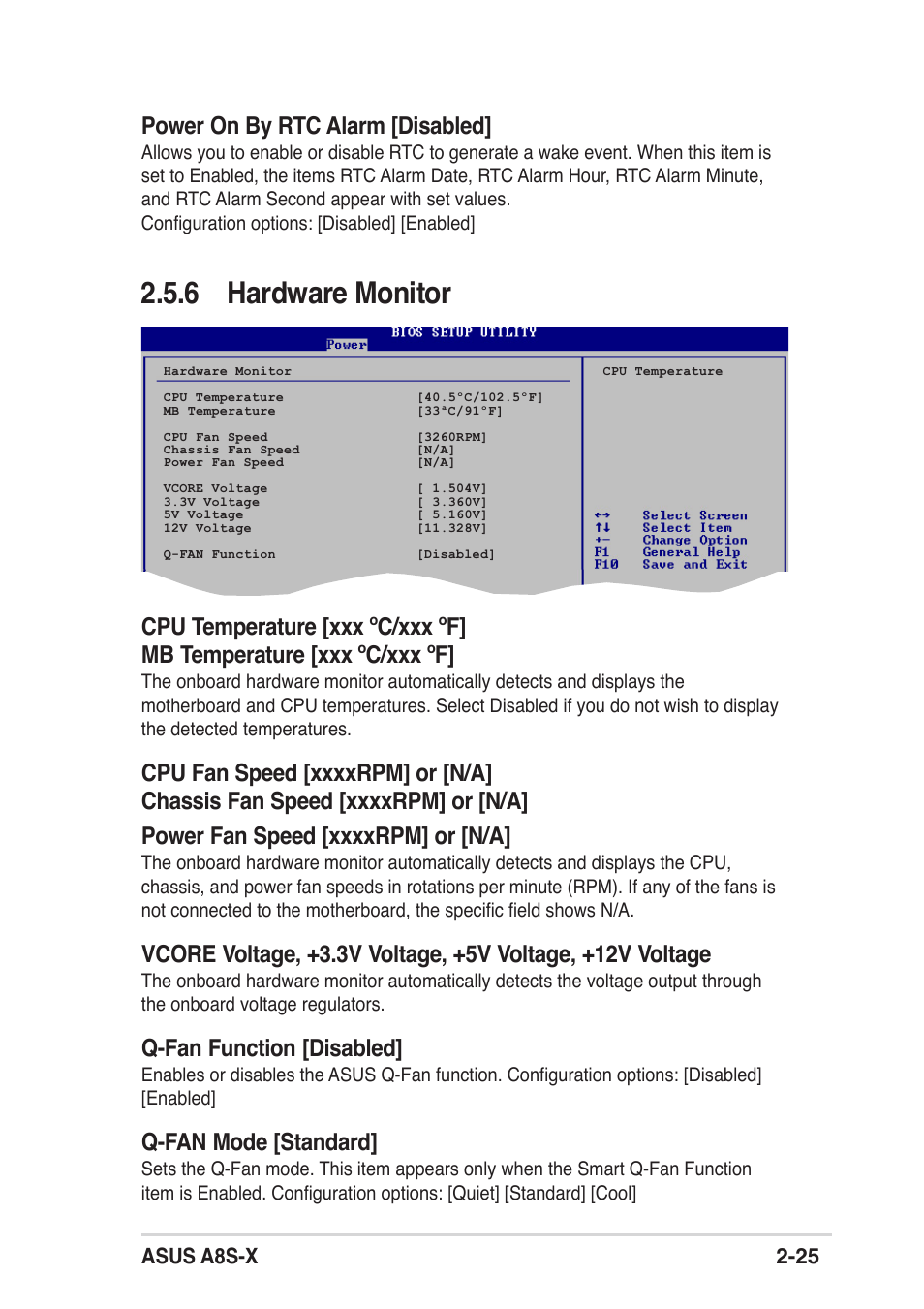 6 hardware monitor, Power on by rtc alarm [disabled, Q-fan function [disabled | Q-fan mode [standard, Asus a8s-x 2-25 | Asus A8S-X User Manual | Page 57 / 68